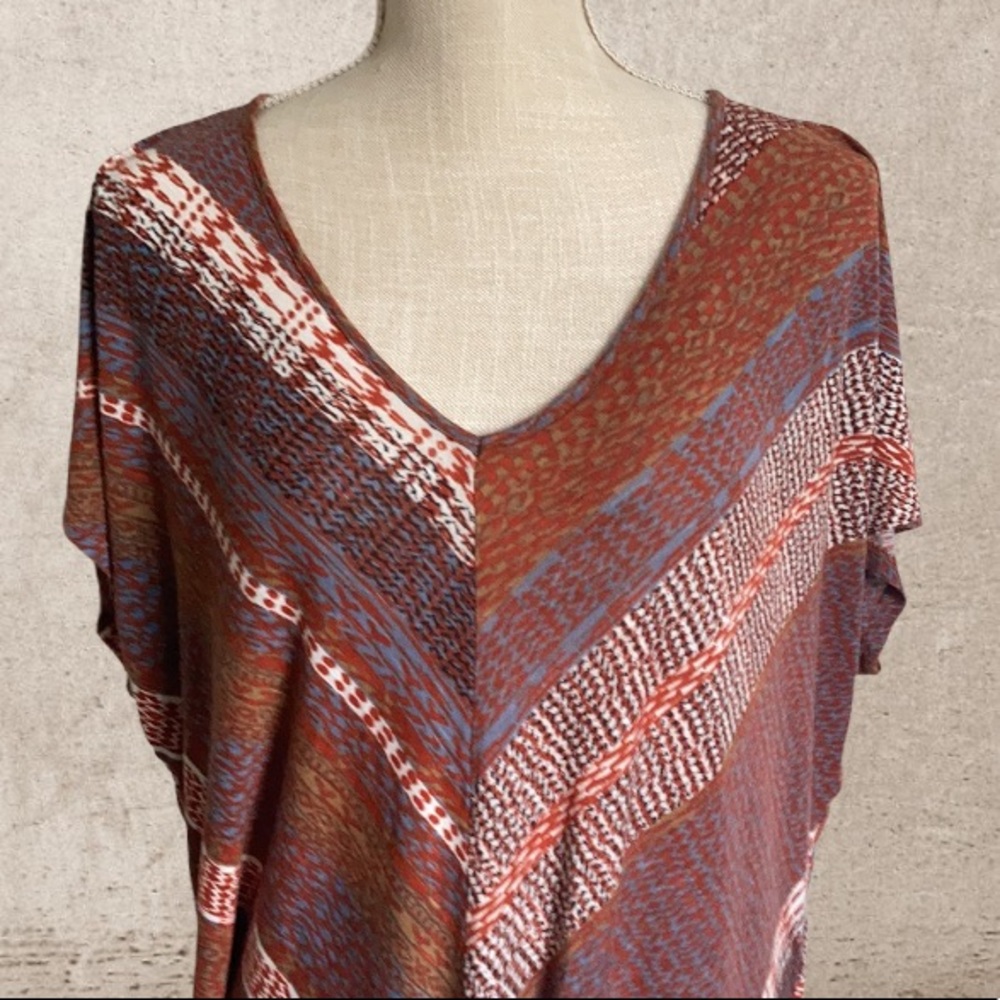 rxb Geometric Stripe v-neck cap sleeve Tie Front Top Lightweight Blue Brown XL